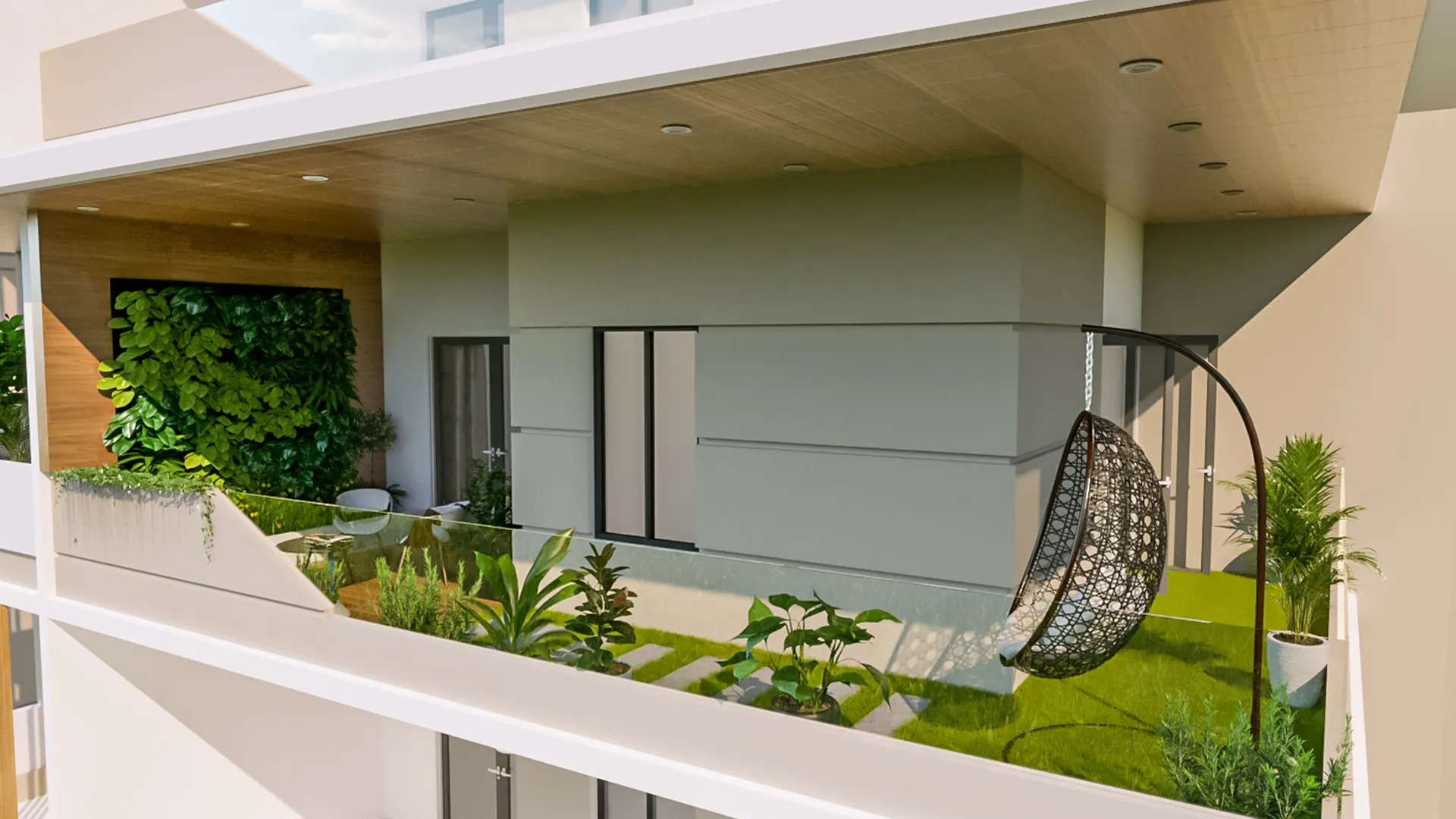 Wide private balcony green garden